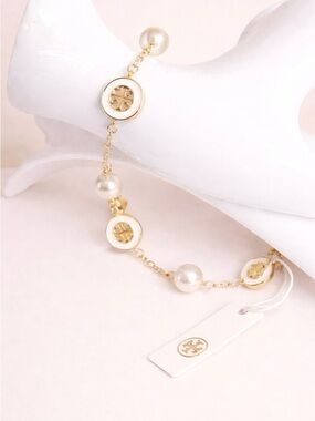 Tory Burch Gold, White Enamel & Pearl Charm Bracelet NWT